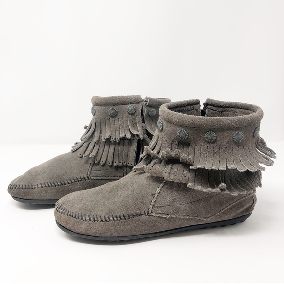 Minnetonka Shoes - Minnetonka Gray Suede Fringe Studded Booties Boot